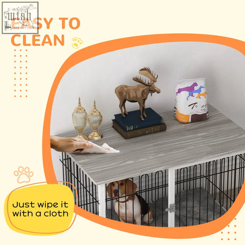Pawhut indoor dog crate furniture with gray wood top, black steel wire cage base, white legs, and lockable doors keeps dogs securely inside