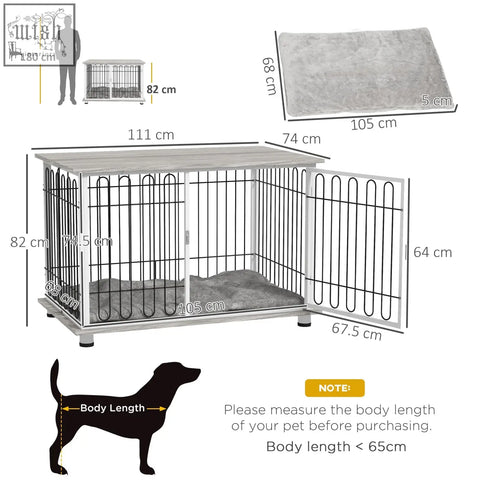 Gray pawhut indoor dog crate with wooden top, steel wire sides, fleece mat, and lockable doors to keep pets securely inside