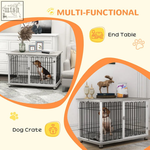 White metal dog crate with black steel wire bars and lockable door to keep large dogs securely inside by PawHut