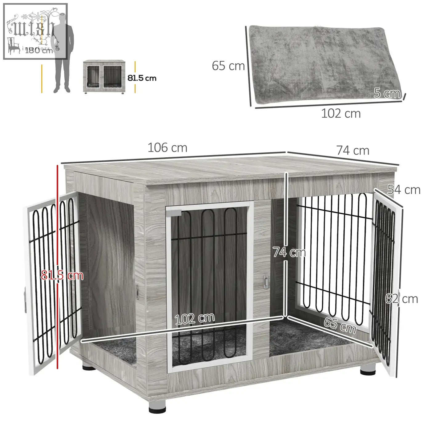 Gray wood-grain pawhut indoor dog kennel with black metal bars and plush mat for large dogs indoor use