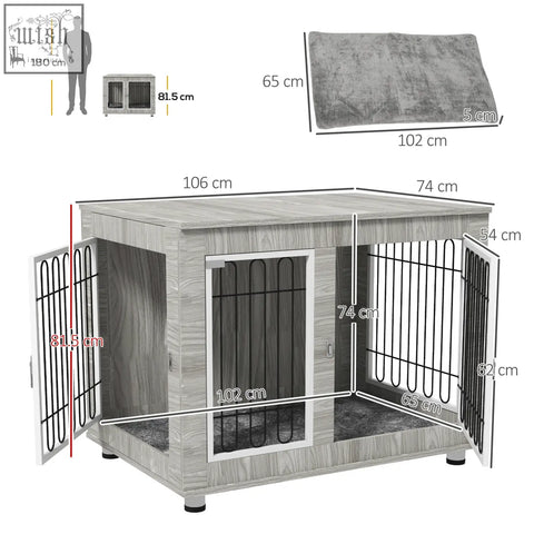 Gray wood-grain pawhut indoor dog kennel with black metal bars and plush mat for large dogs indoor use