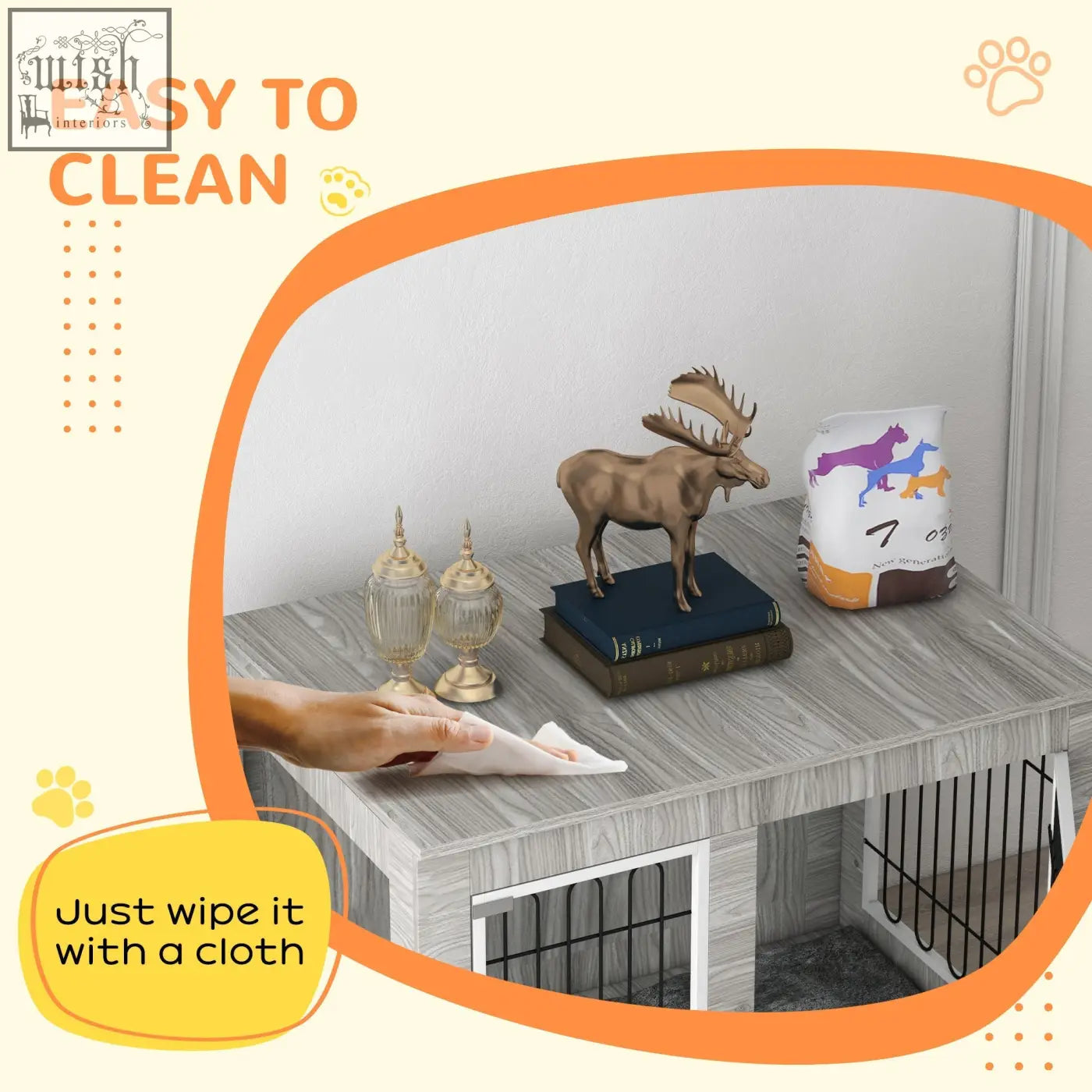 Gray wood-grain tabletop with white metal cage base of pawhut indoor dog kennel for large dogs with soft cushion