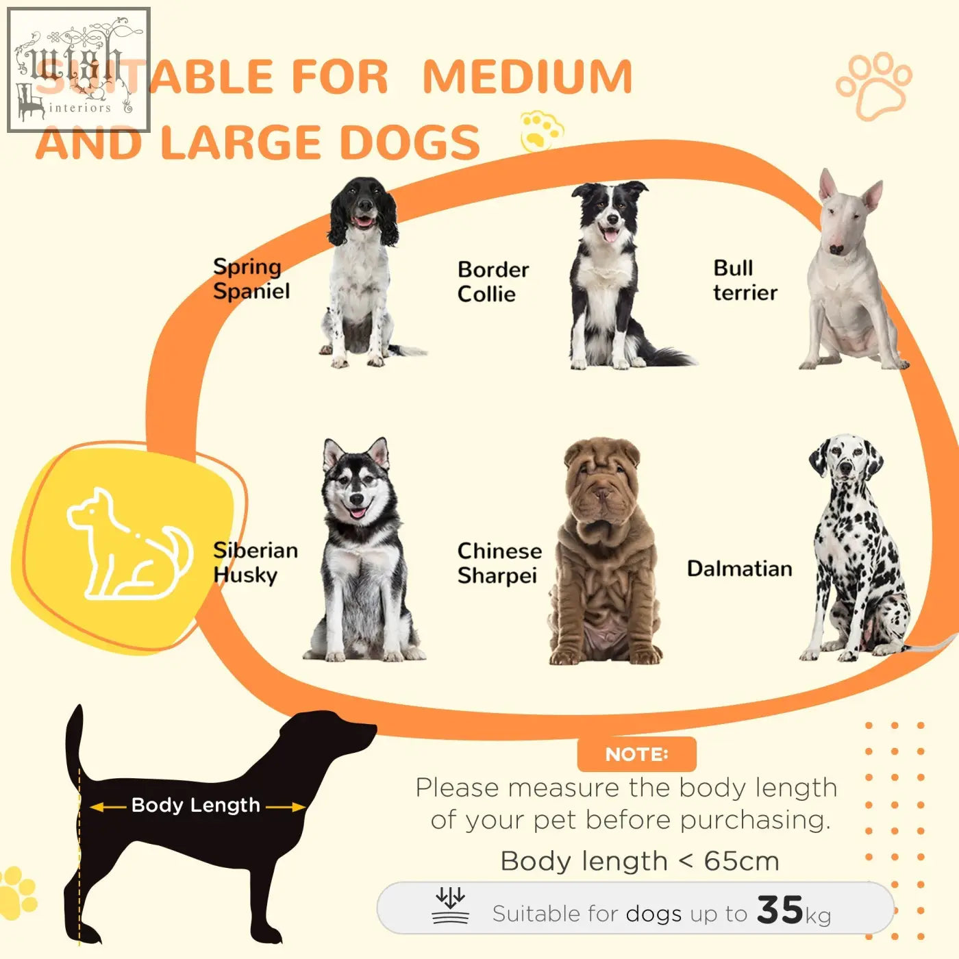 Product label for pawhut indoor dog kennel in grey features illustrations of large dogs like border collies and dalmatians