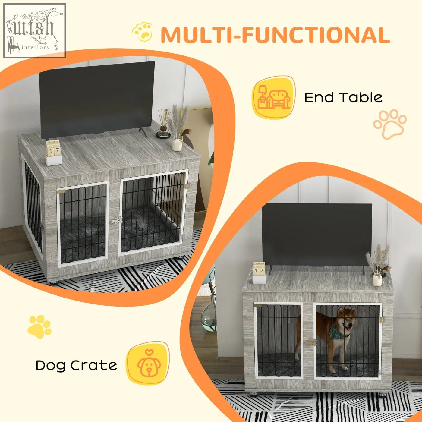 Gray wood grain finish pawhut indoor dog kennel with black metal bars and white trim for large dogs and indoor use