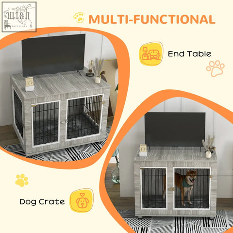 Gray wood grain finish pawhut indoor dog kennel with black metal bars and white trim for large dogs and indoor use