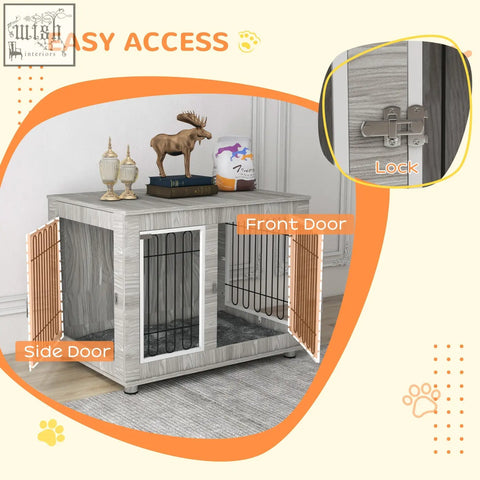 Gray wood-grain pawhut indoor dog kennel with black metal bars and silver latch for large dogs with soft cushion