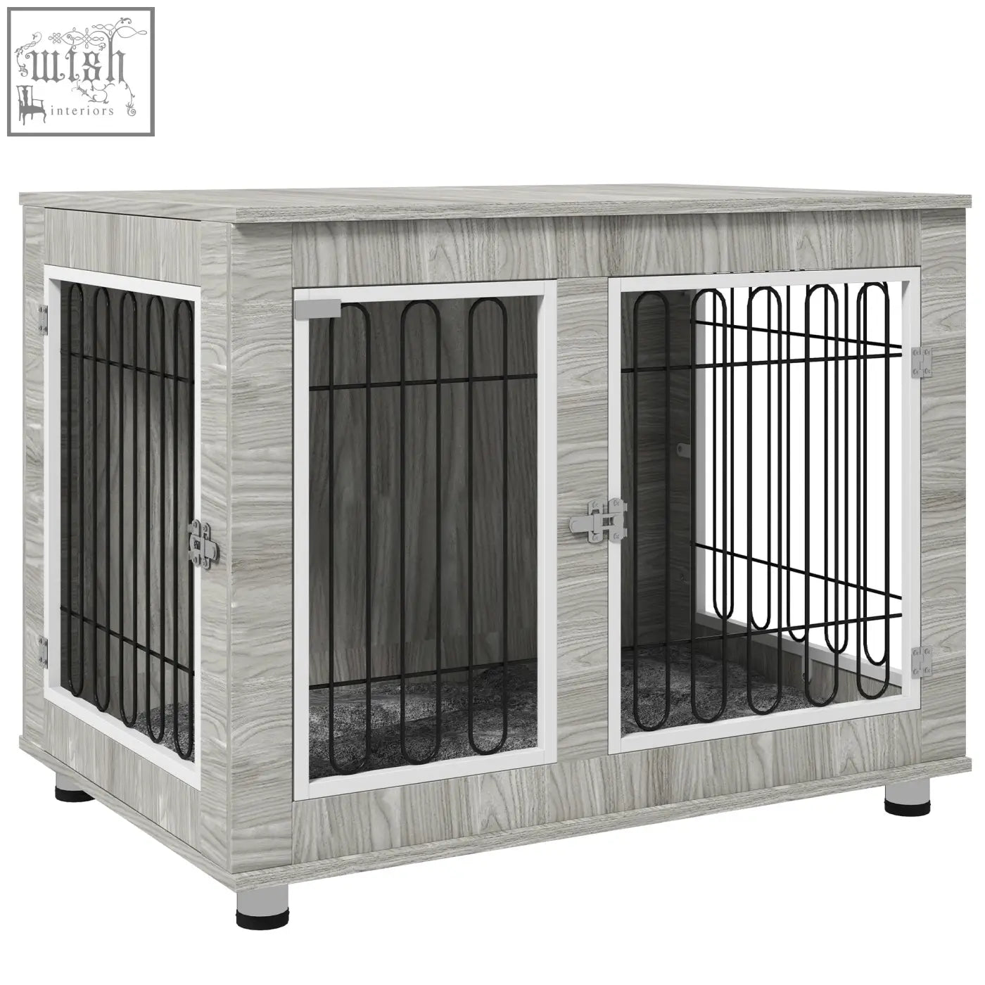 Gray wood-grain pawhut indoor dog kennel with black metal bars and white trim for large dogs with double doors