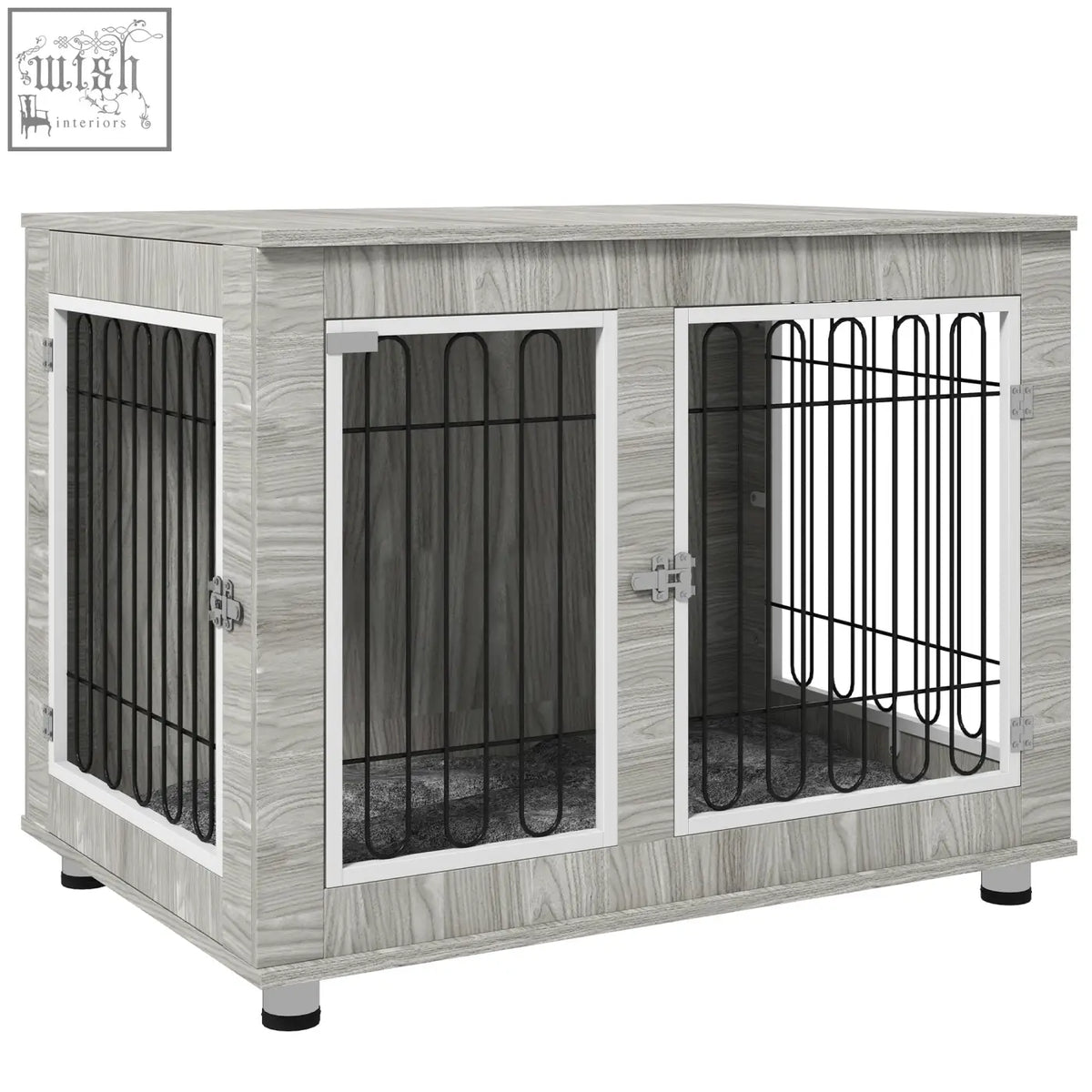 Gray wood-grain pawhut indoor dog kennel with black metal bars and white trim for large dogs with double doors