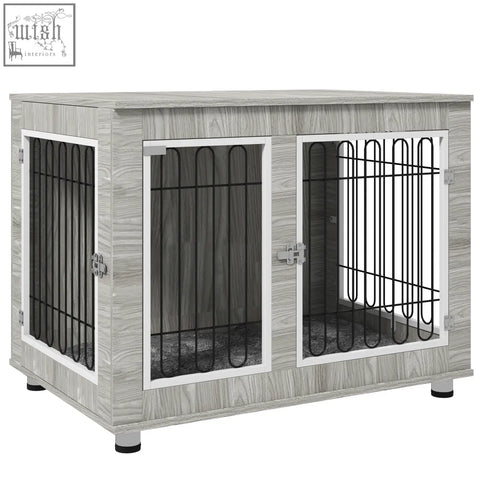 Gray wood-grain pawhut indoor dog kennel with black metal bars and white trim for large dogs with double doors