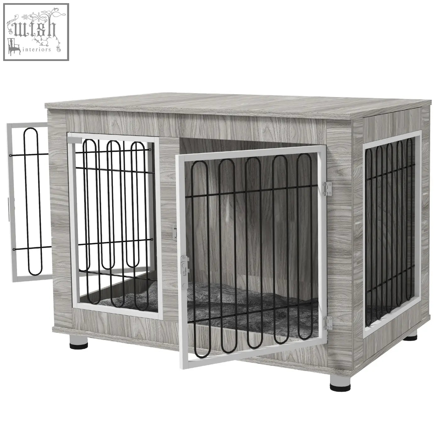 Gray wood-grain pawhut indoor dog kennel with black metal bars and white-framed double doors for large dogs