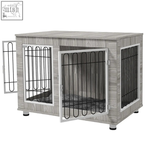 Gray wood-grain pawhut indoor dog kennel with black metal bars and white-framed double doors for large dogs