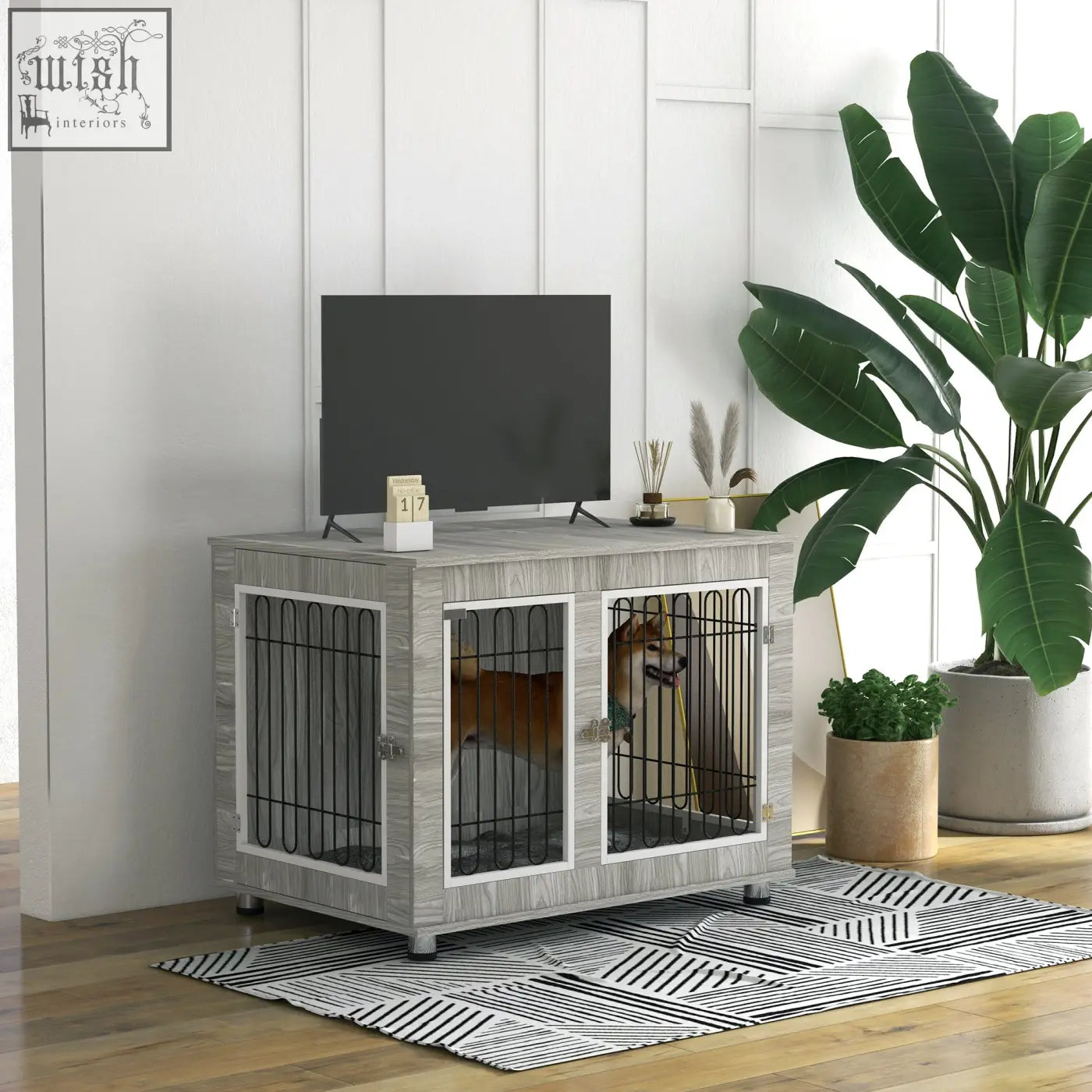 Gray wood-grain pawhut indoor dog kennel with black metal bars white trim double door for large dogs with cushion