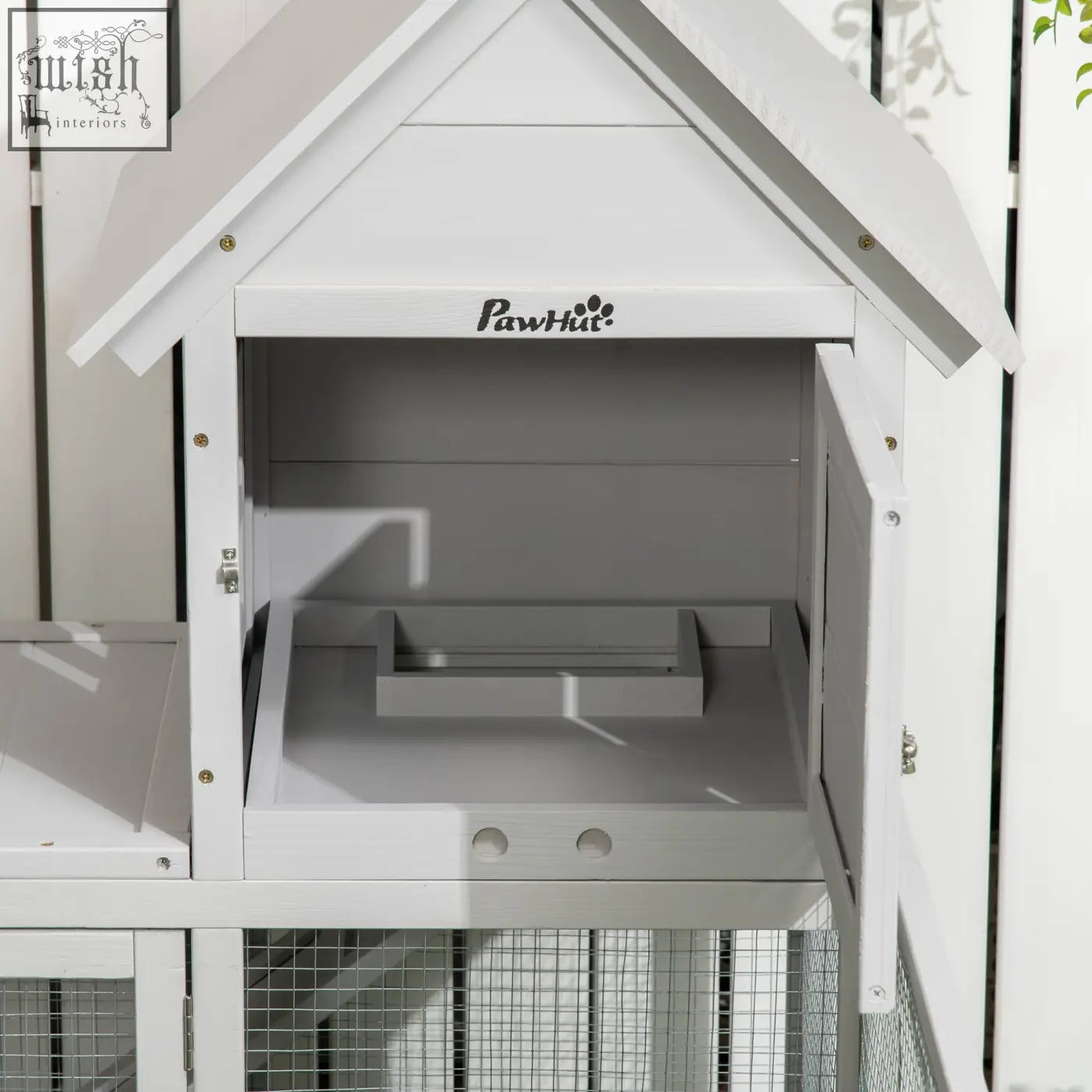 White wooden pawhut indoor rabbit hutch with gray interior, steel wire sides, lockable doors, and slide-out tray