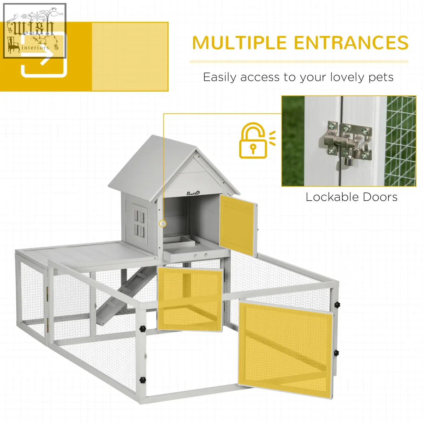 Gray and yellow pawhut rabbit hutch with house-like design, steel wire mesh, lockable doors, and slide-out tray