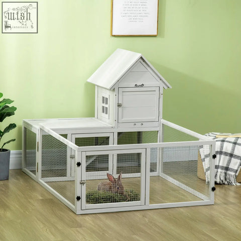 White wooden pawhut rabbit hutch with steel wire mesh sides lockable doors and slide-out tray in light grey
