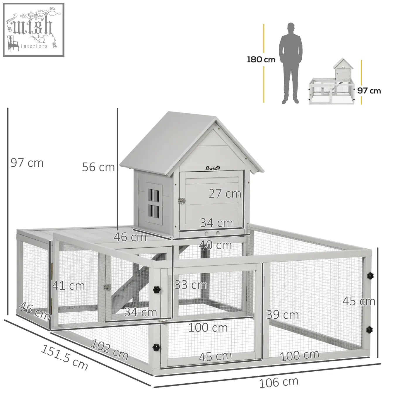 Gray wooden pawhut indoor rabbit hutch with house-shaped top, steel wire sides, lockable doors, and slide-out tray
