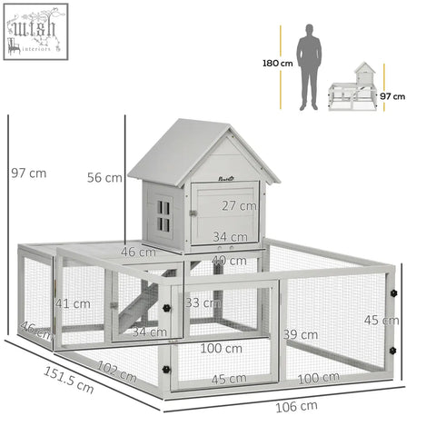 Gray wooden pawhut indoor rabbit hutch with house-shaped top, steel wire sides, lockable doors, and slide-out tray