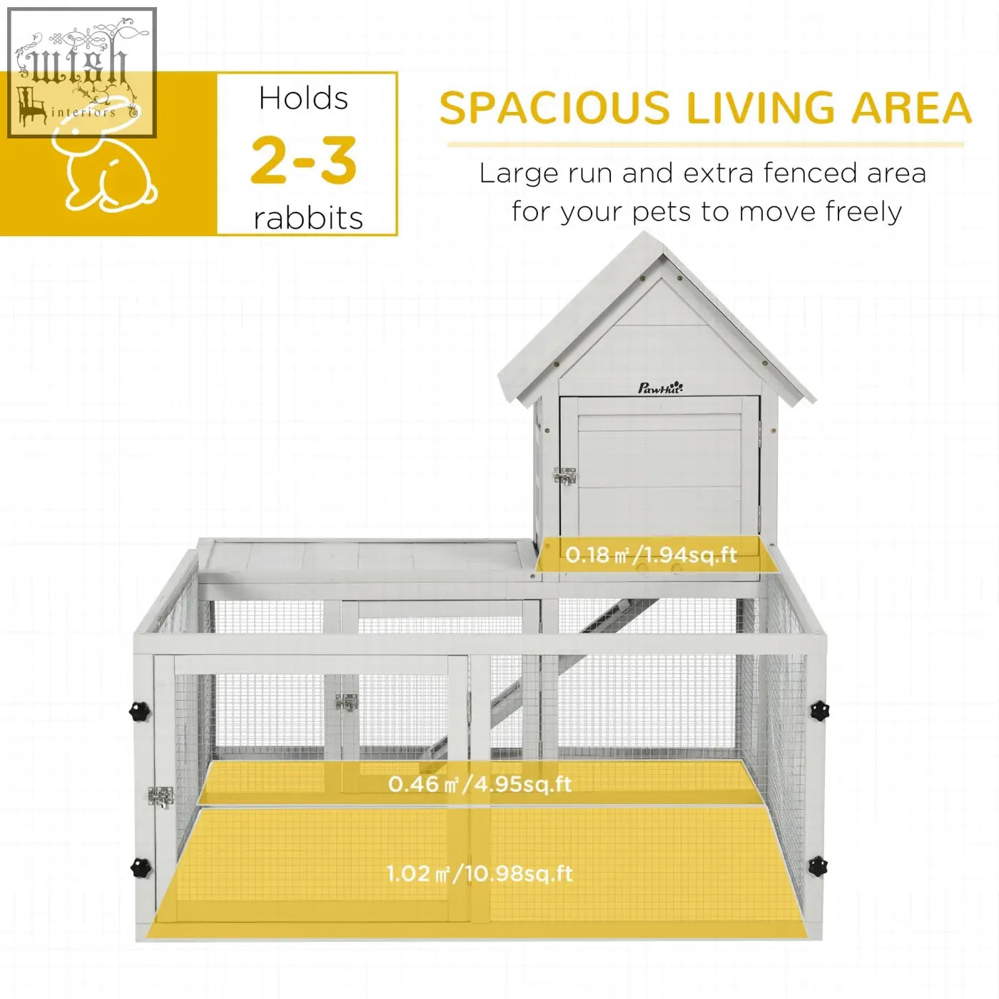 Pawhut indoor rabbit hutch with white wooden frame, yellow floor, steel wire mesh sides, and lockable doors