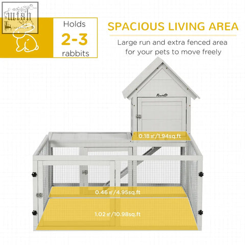 Pawhut indoor rabbit hutch with white wooden frame, yellow floor, steel wire mesh sides, and lockable doors