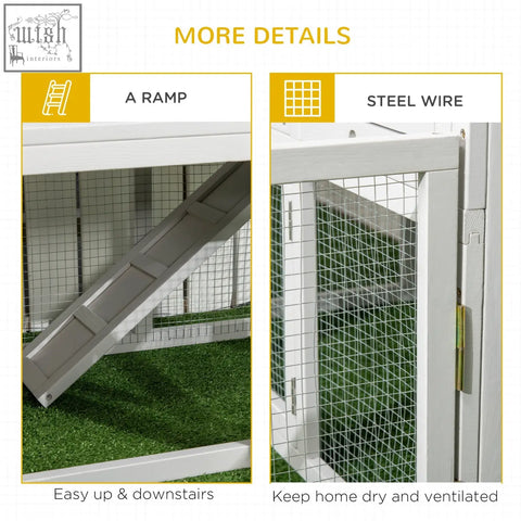 White plastic ramp with gray accents in pawhut indoor rabbit hutch with steel wire and lockable doors for easy access