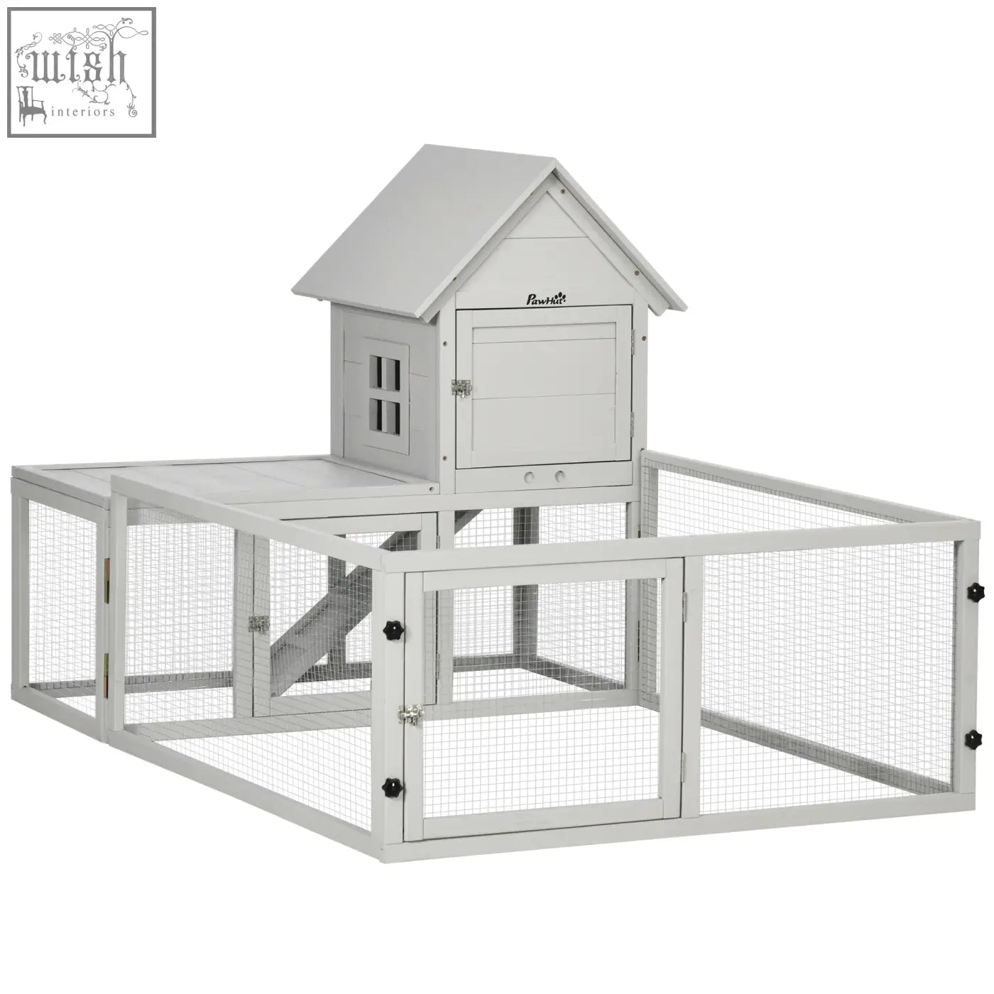Gray wooden pawhut rabbit hutch with steel wire lockable doors and slide out tray for indoor use