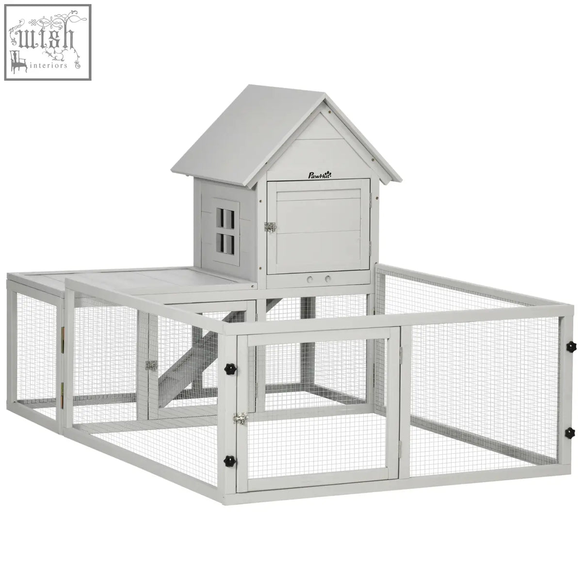 Gray wooden pawhut rabbit hutch with steel wire lockable doors and slide out tray for indoor use