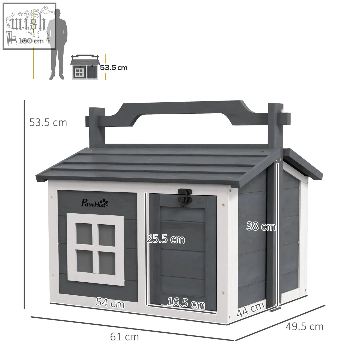 Gray and white wooden pawhut rabbit hutch with openable roof and easy access handle for small animals
