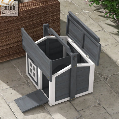 Gray and white wooden rabbit hutch with openable roof, side doors, and easy access front entrance by pawhut