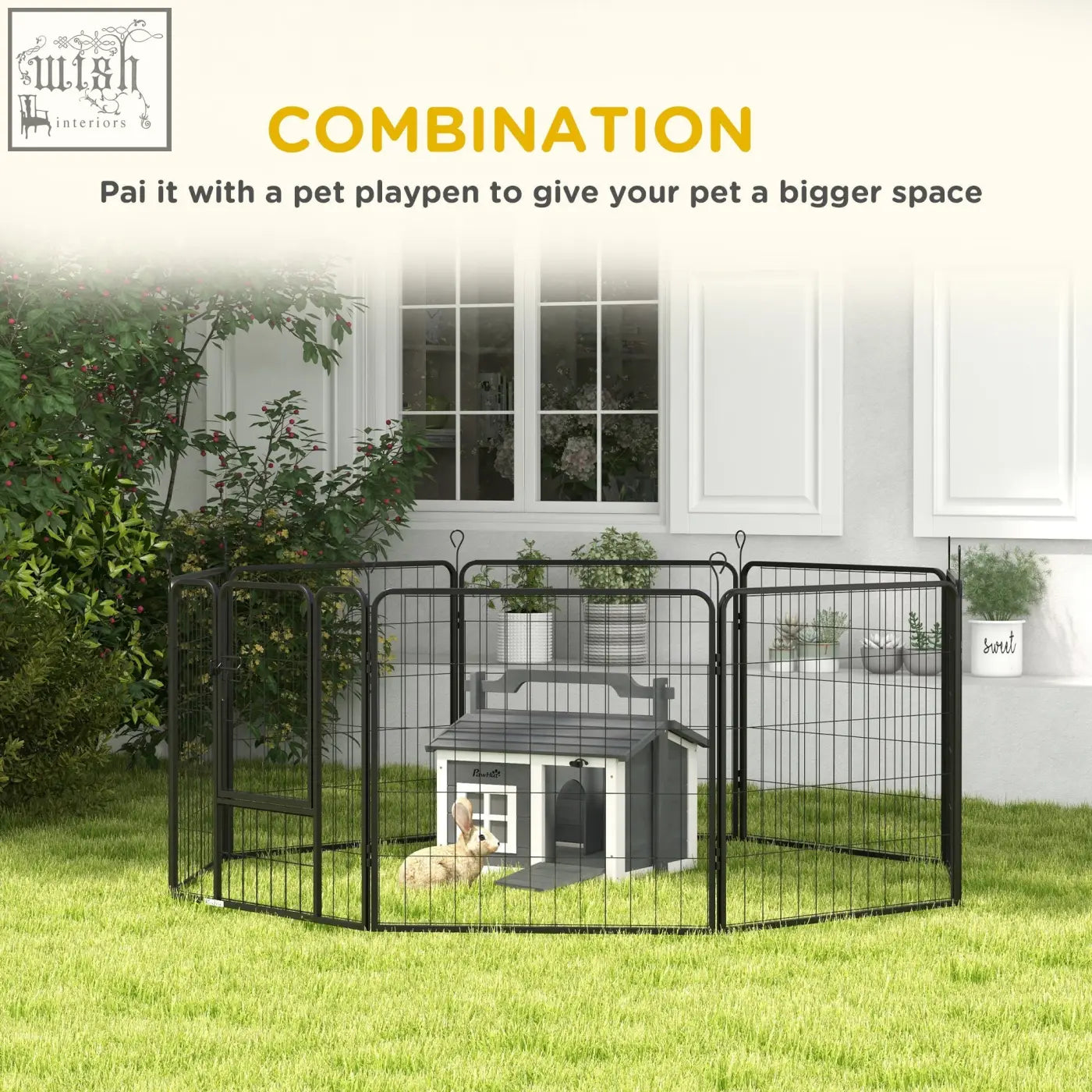 Black metal pet playpen with gray white rabbit hutch featuring openable roof and easy access by PawHut