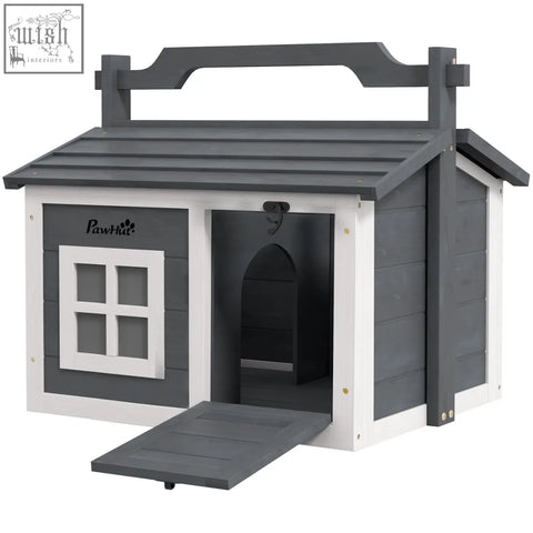 Gray and white wooden rabbit hutch with openable roof, small window, arched entrance, and easy access ramp