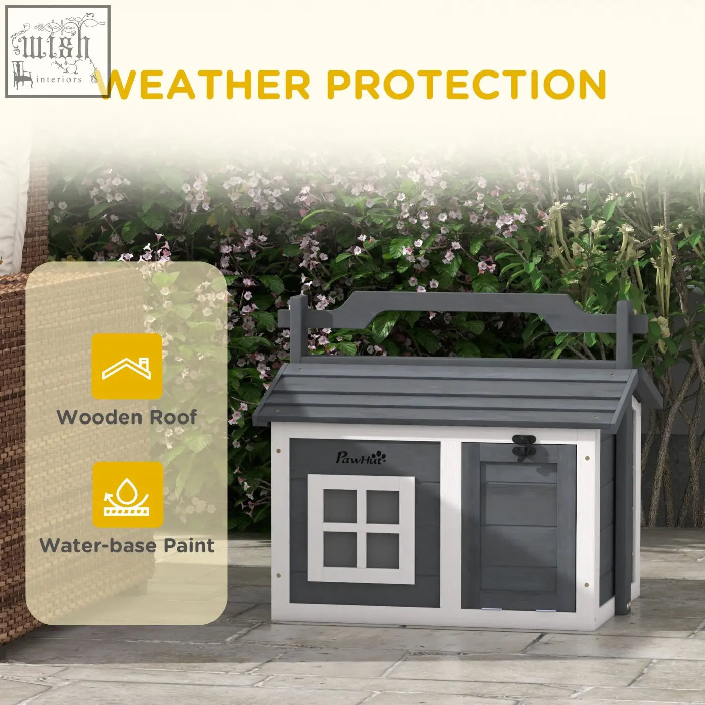 Gray and white pawhut rabbit hutch with wooden roof and openable roof for easy access and outdoor use