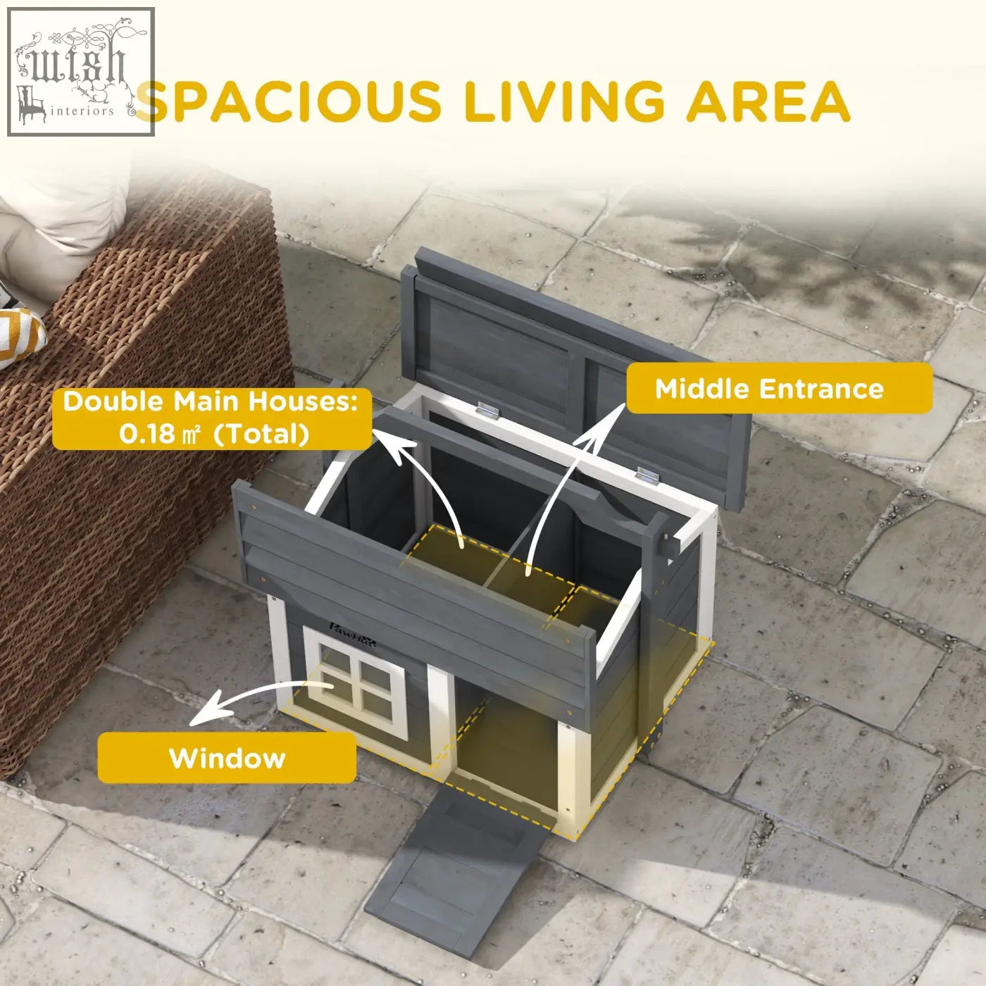 Gray and white plastic pawhut rabbit hutch with openable roof and easy access double main houses and window