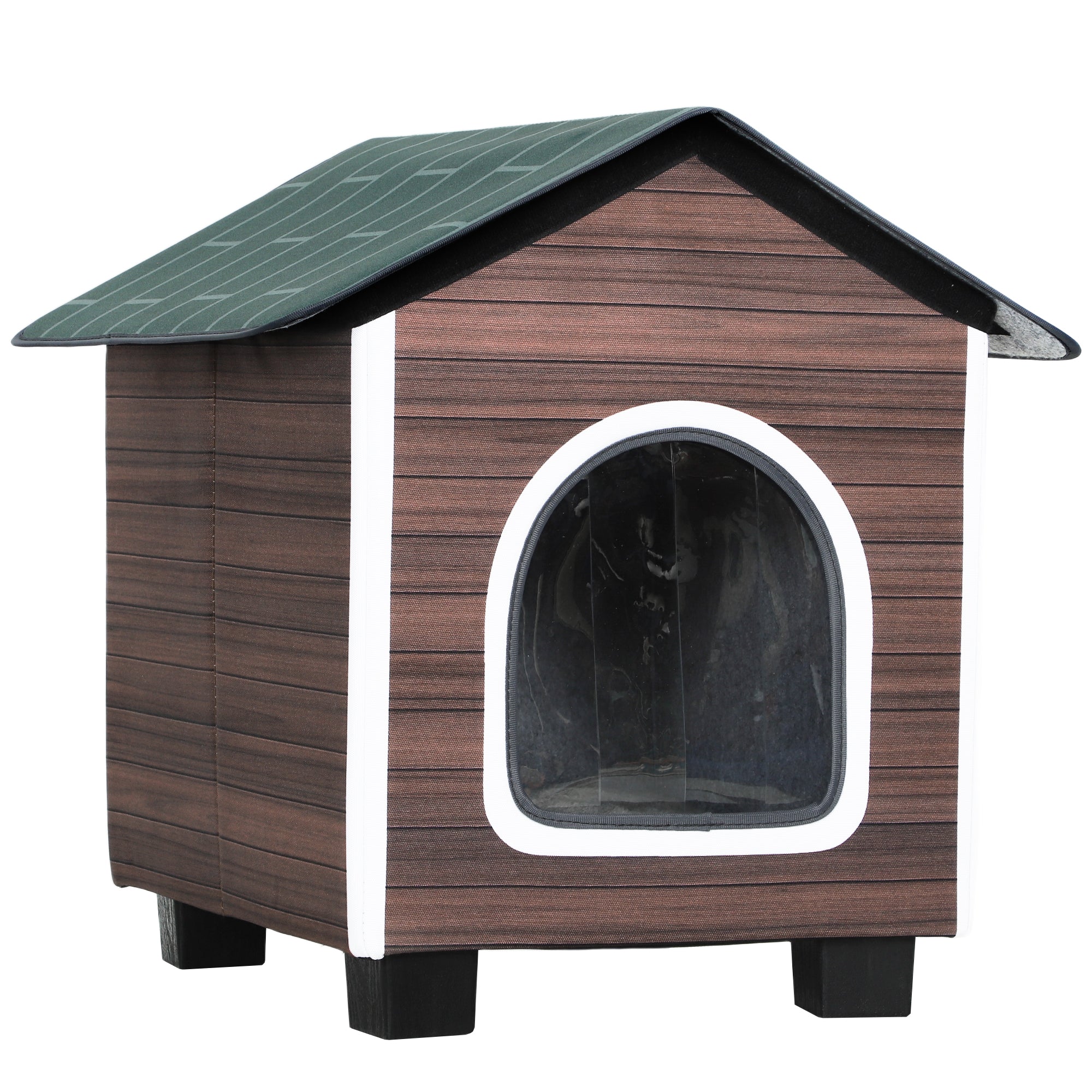 Brown wooden-textured pawhut outdoor cat house with green roof white-trimmed window and elevated base