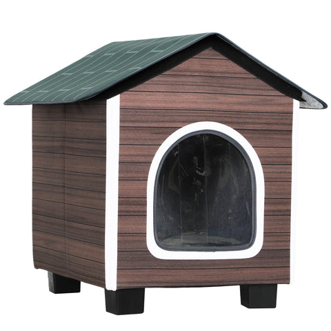Brown wooden-textured pawhut outdoor cat house with green roof white-trimmed window and elevated base