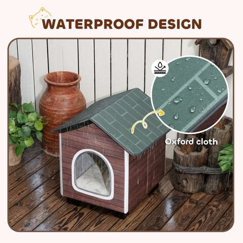 Pawhut insulated outdoor cat house with brown brick pattern, dark green waterproof roof, white trim, and elevated base