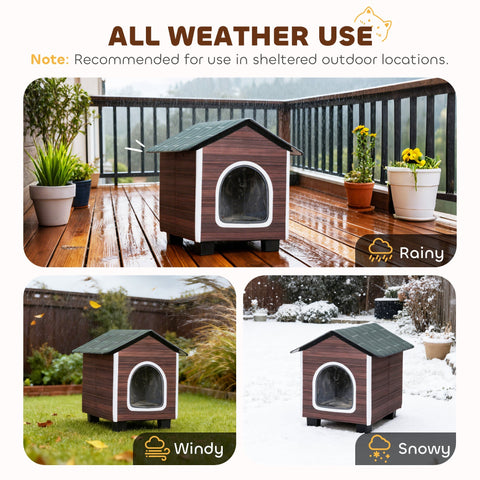Brown wooden outdoor cat house with dark green roof white trim elevated base and cushion by pawhut