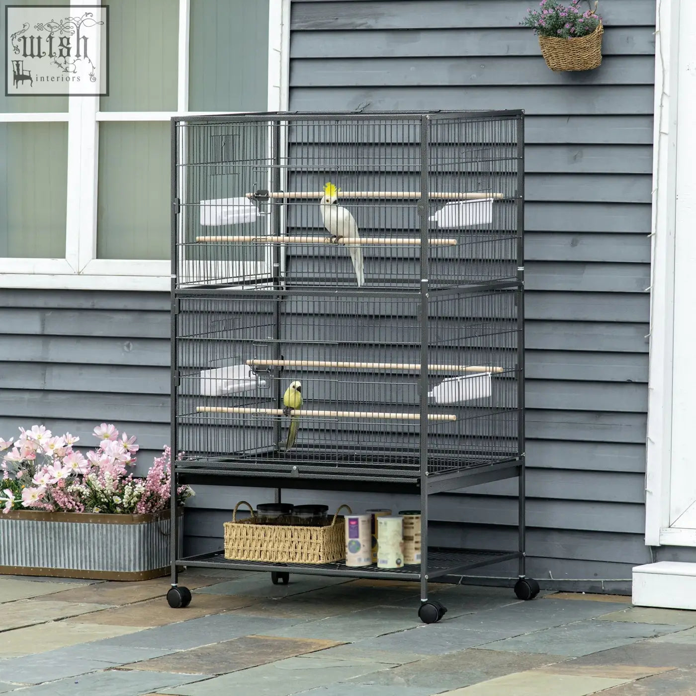 Pawhut large dark grey metal bird cage with wooden perches food containers and rolling stand for budgies and finches