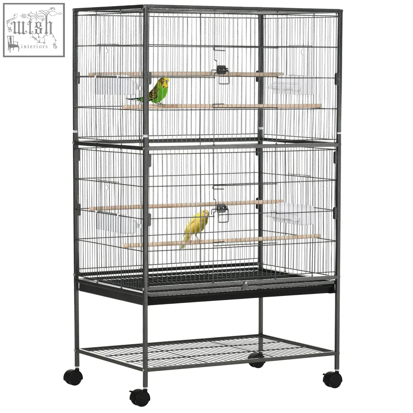 Pawhut dark grey black metal bird cage with wooden perches food containers and rolling stand for finch and budgie