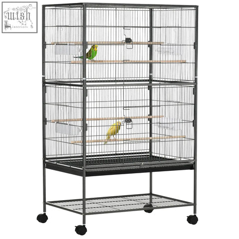 Pawhut dark grey black metal bird cage with wooden perches food containers and rolling stand for finch and budgie