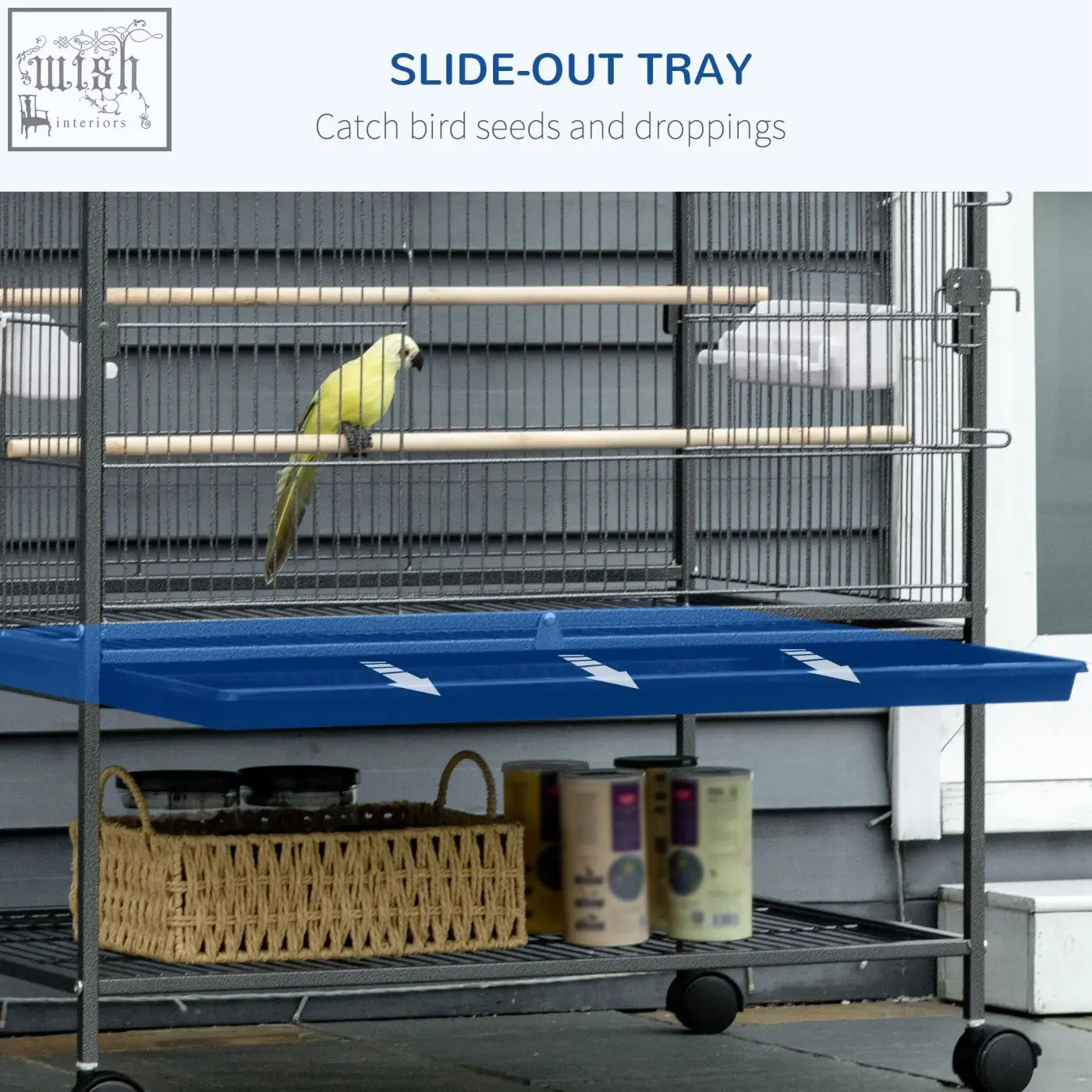 Blue slide-out tray with white arrows in pawhut large bird cage for easy cleaning of bird droppings and food containers