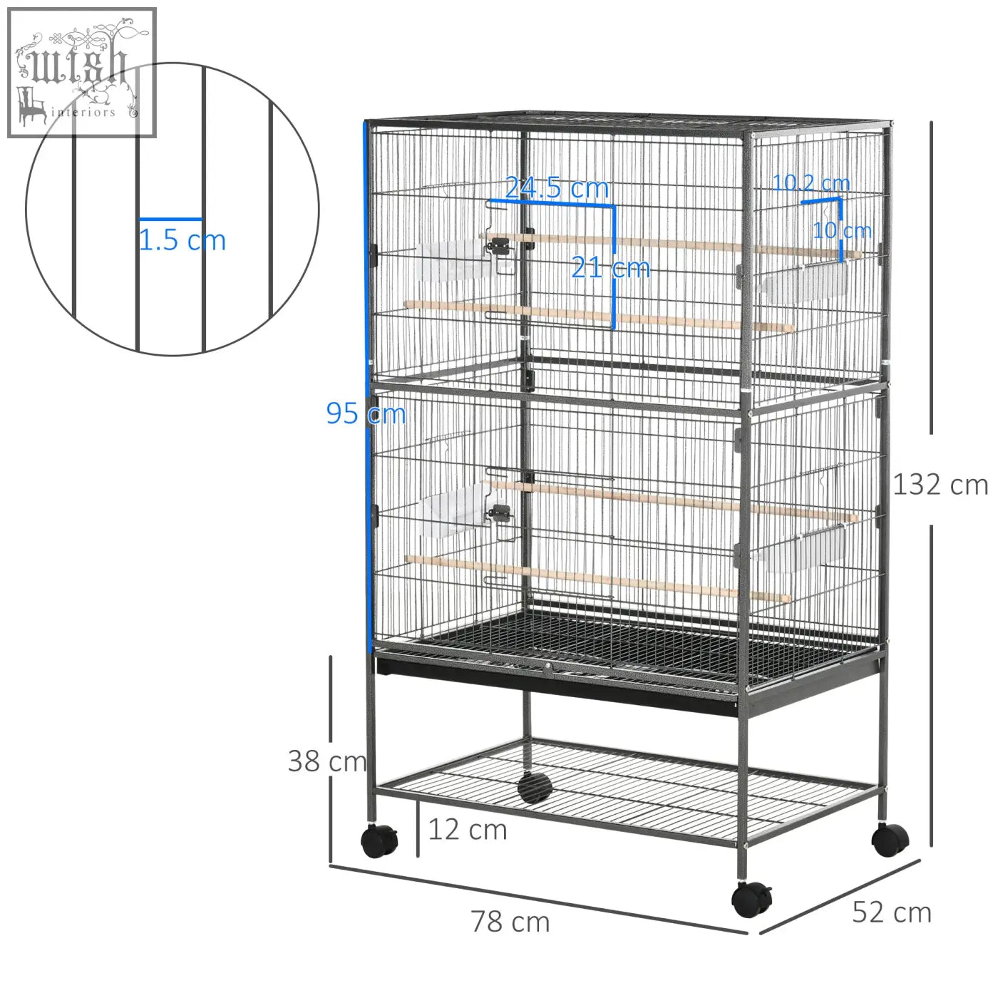 Black metal pawhut bird cage with wooden perches food containers and rolling stand for budgies finches and canaries
