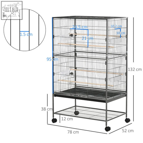 Black metal pawhut bird cage with wooden perches food containers and rolling stand for budgies finches and canaries