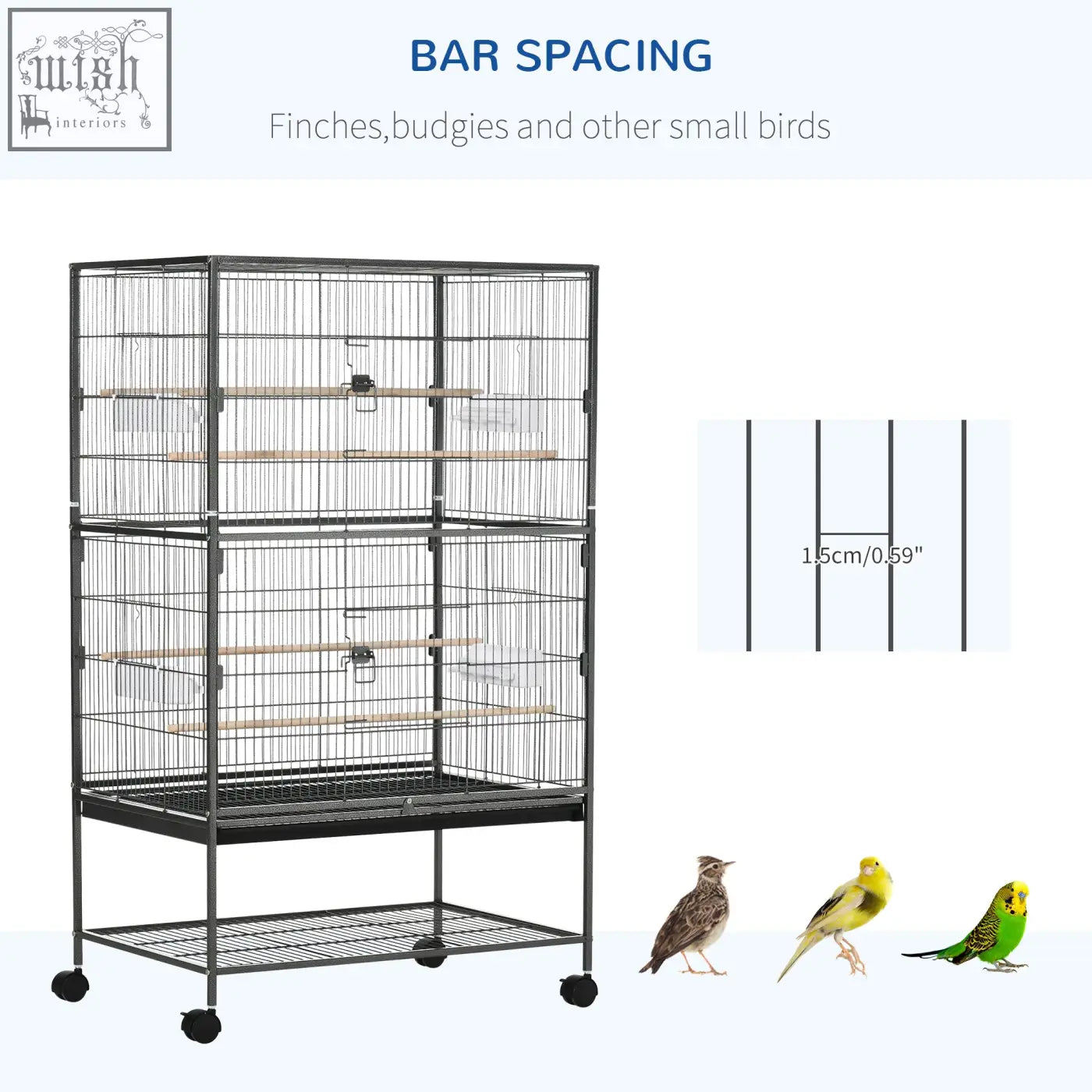 Pawhut large black metal bird cage with wooden perches food containers and rolling stand in dark grey