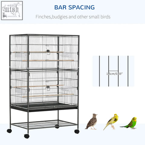 Pawhut large black metal bird cage with wooden perches food containers and rolling stand in dark grey