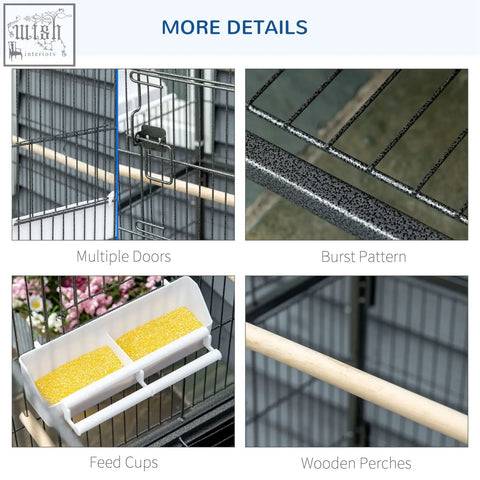 Black metal bird cage with burst finish, wooden perches, white food containers, and multiple doors for finches and parakeets