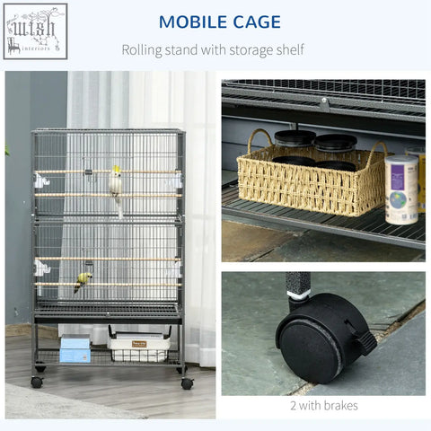 Pawhut large dark grey bird cage with black metal frame wooden perches food containers and caster wheels for easy rolling
