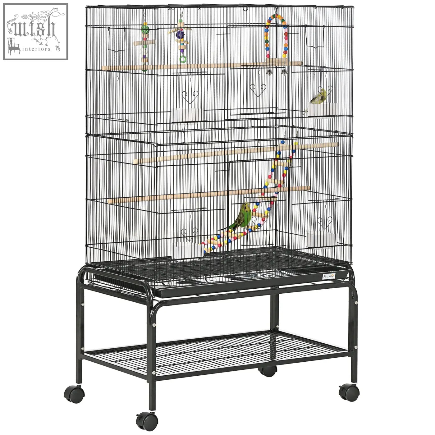 Black metal bird cage with wooden perches colorful toys on matching stand with wheels 79l x 49w for small birds
