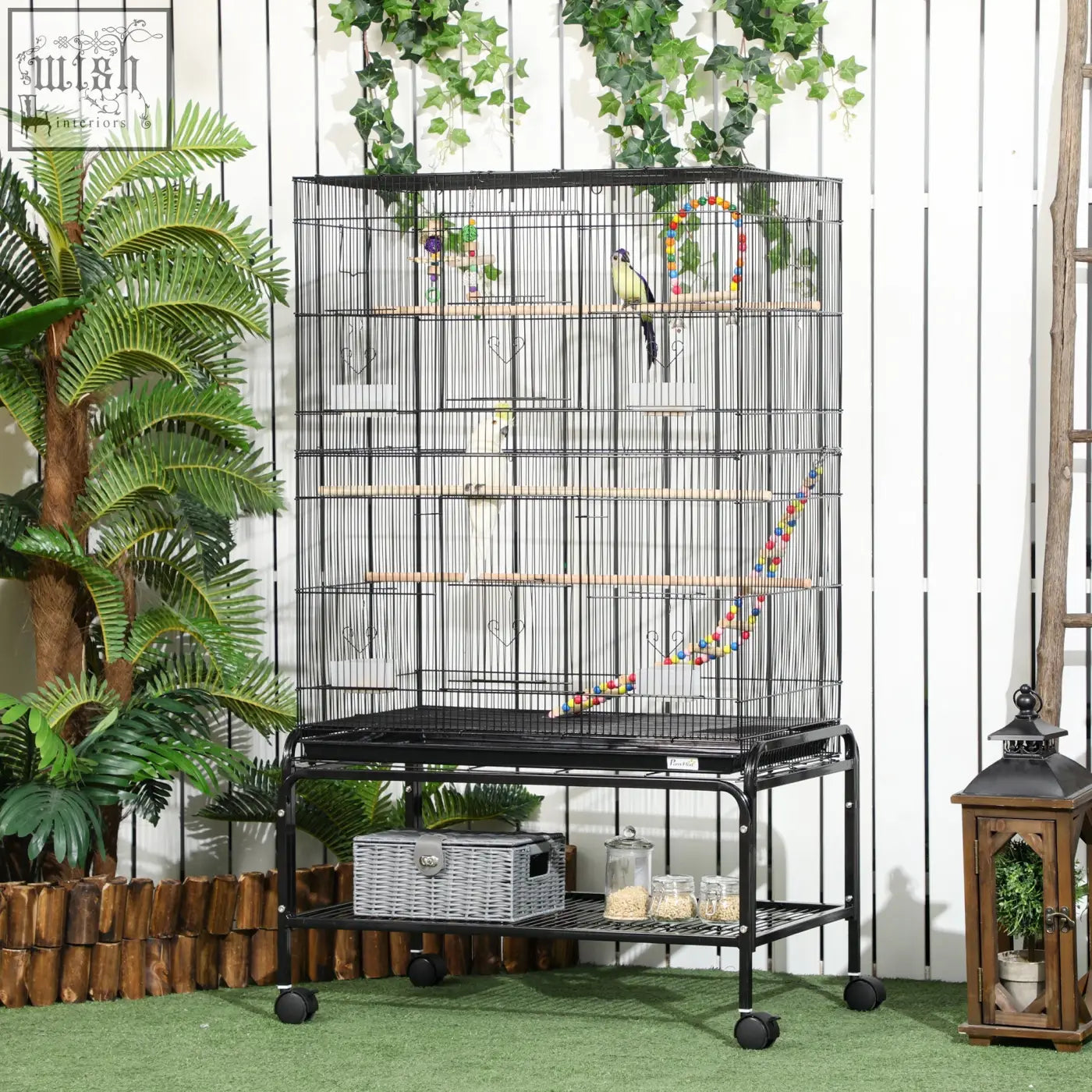 Black metal bird cage with wooden perches and colorful toys for budgies in pawhut 79l x 49w size