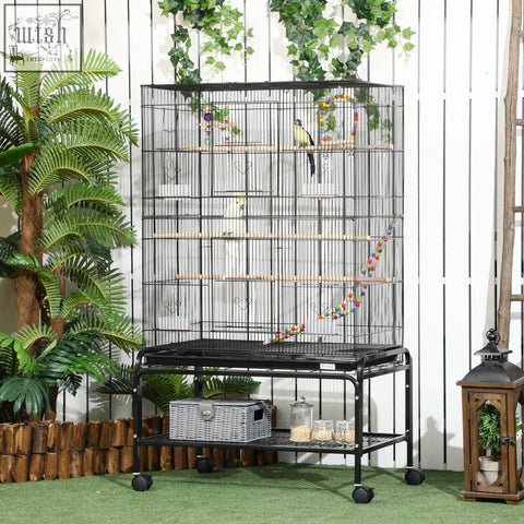 Black metal bird cage with wooden perches and colorful toys for budgies in pawhut 79l x 49w size