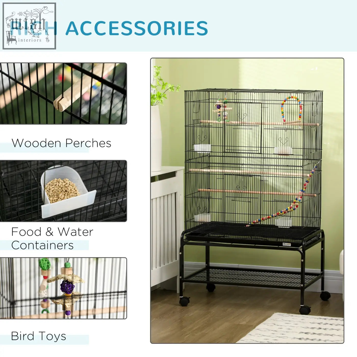 Pawhut large black metal bird cage 79l x 49w with wooden perches colorful toys and stand for budgies and parakeets